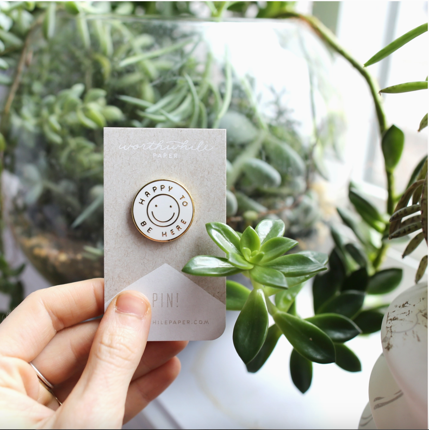 Happy to Be Here • enamel pin cards + gifts Homebody Candle Co